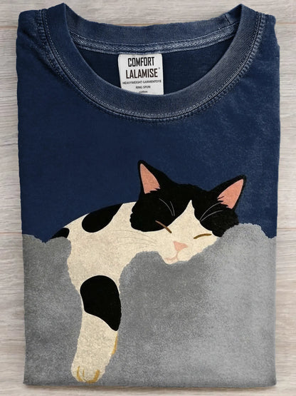 Funny Retro Cute Sleeping Cat Art Print Casual Cotton Short Sleeve T-shirt