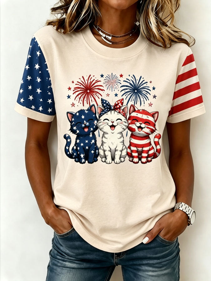 Women's American 250 Flag Kittens Printed Casual T-shirt