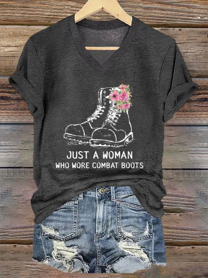 Women's Just A Woman In Combat Boots Printed Short-Sleeved T-Shirt