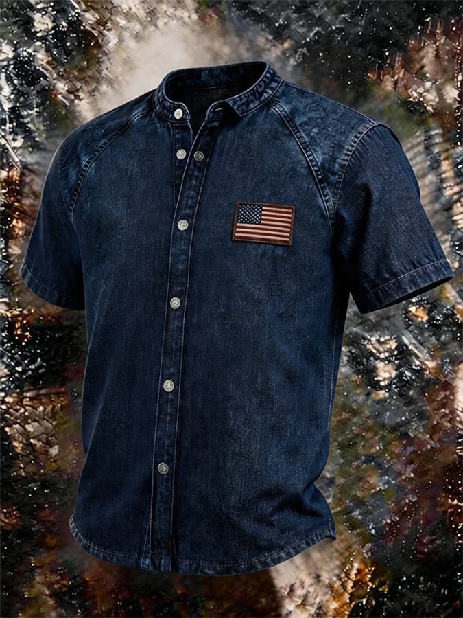 Men's Vintage Washed Denim Stand Collar Shirt, American Flag Patch Short Sleeve Button Down Casual Western Top