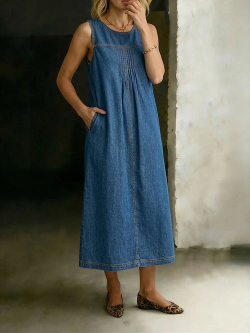 Women's Relaxed Fit Denim Tank Dress - Sleeveless Longline Jean Dress With Side Pockets