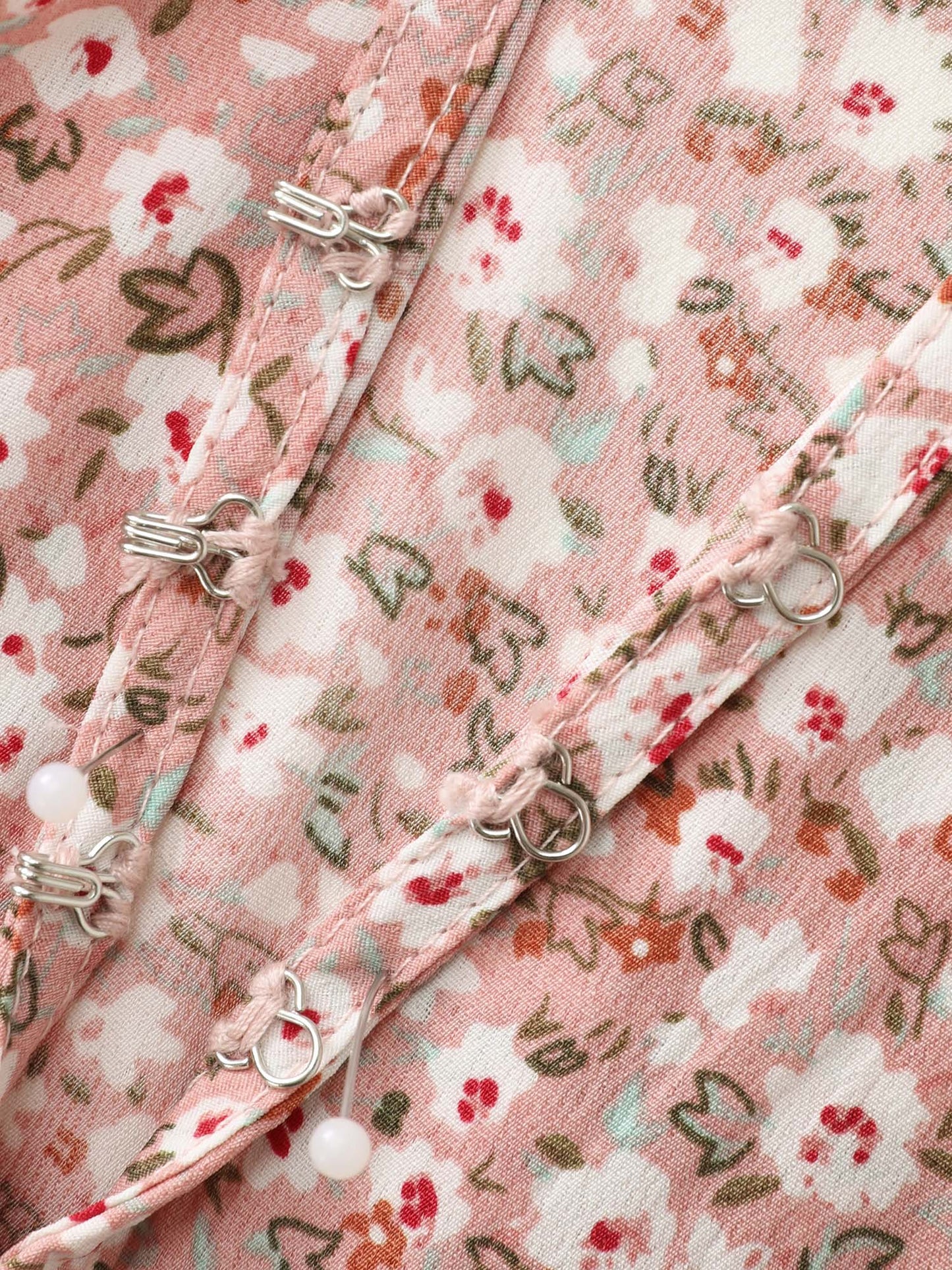 Sweet Floral Print Shirred Cuffs Pockets Midi Dress