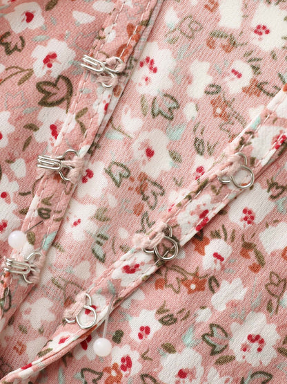 Sweet Floral Print Shirred Cuffs Pockets Midi Dress