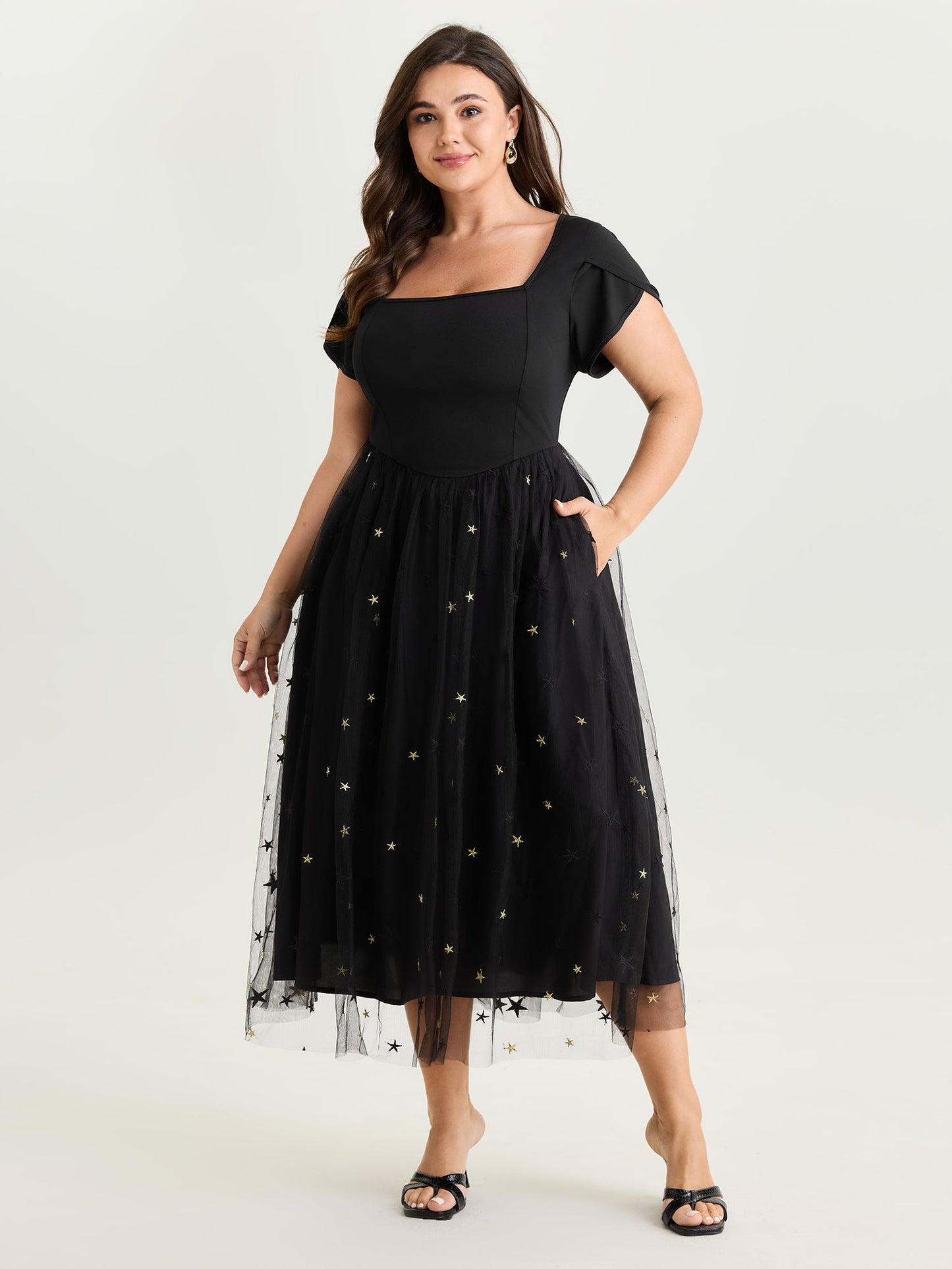 Star Embroidered Square Neckline Midi Dress