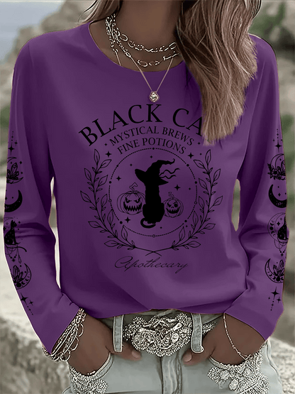 🔥HOT SALE🔥Women's Black Cat Mystical Brews Fine Potions Apothecary Print Long Sleeve T-Shirt