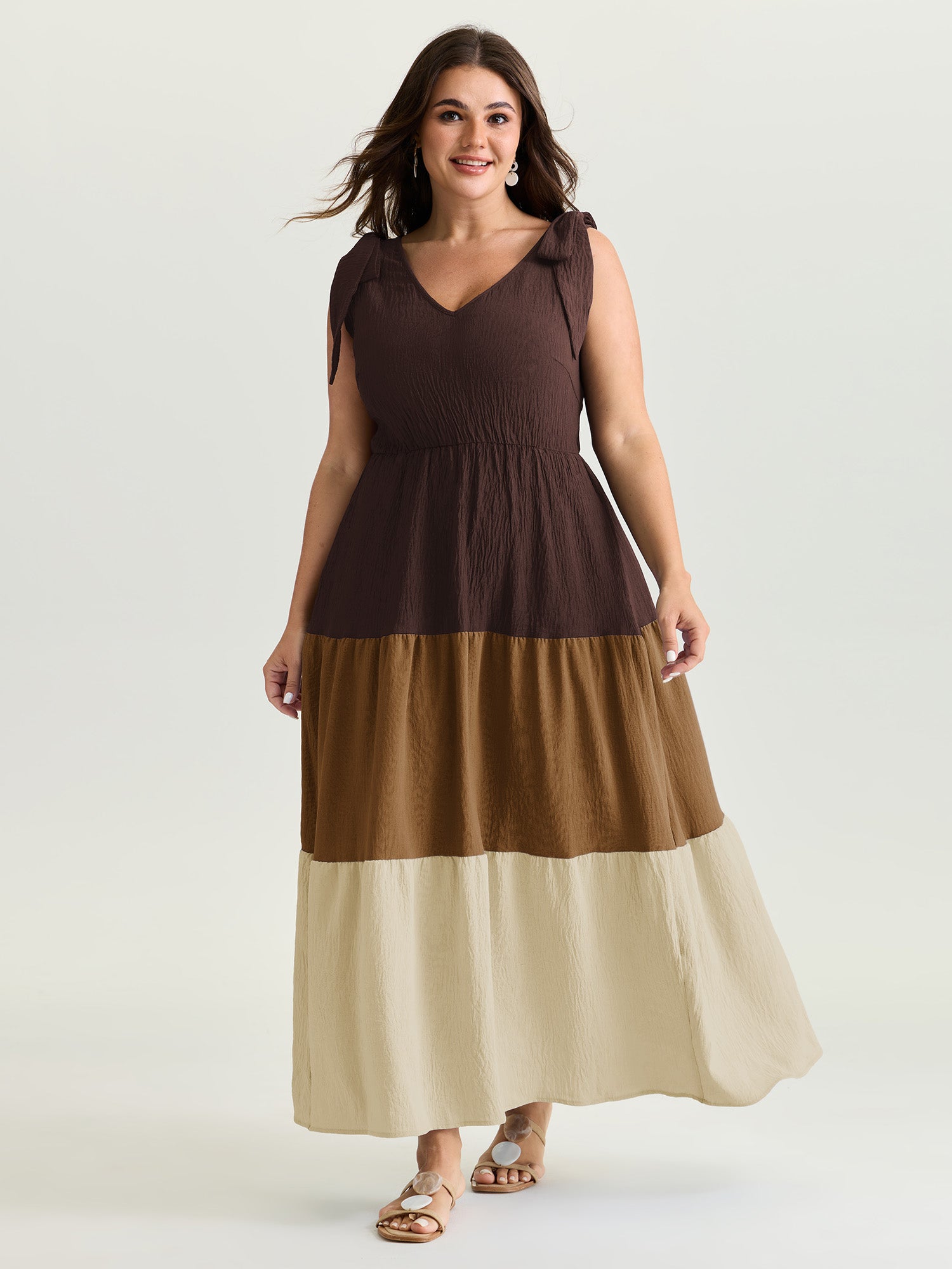 Colorblock Shoulder-Tie Tiered Maxi Dress