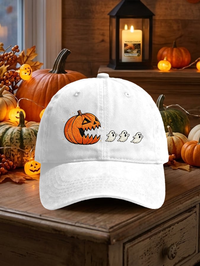 Retro Halloween Pumpkin Eat Ghost Print Baseball Cap