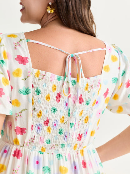 Playful Floral Print Pleated Flowy Midi Dress