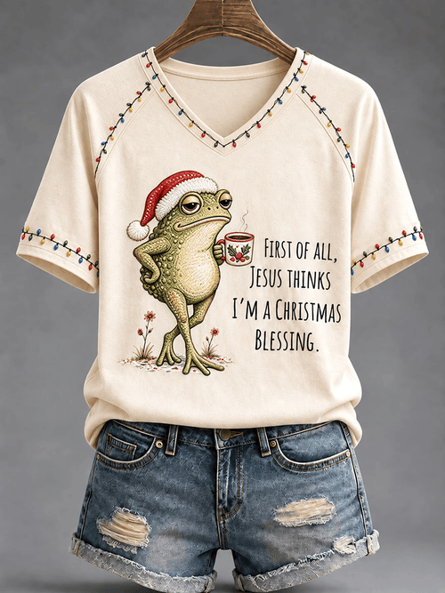 Women's First Of All Jesus Think's I'm A Christmas Blessing Print V-neck off-shoulder short-sleeved T-shirt