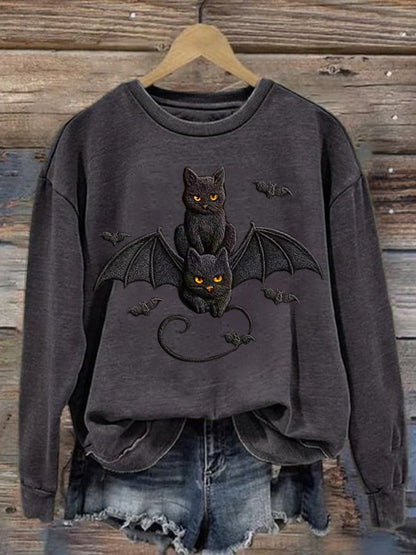 Women's Autumn Halloween Cute Bat and Black Cat Printed Casual Holiday Round Neck Sweatshirt