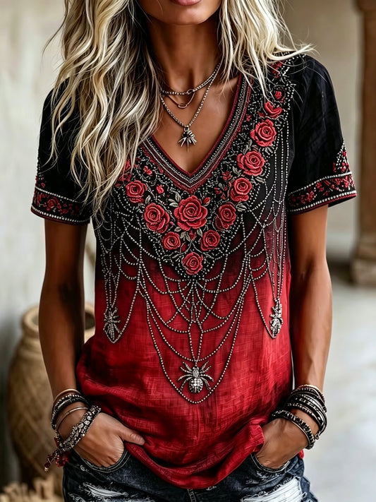 Women's Vintage Floral and Spider Print Halloween V-Neck Top