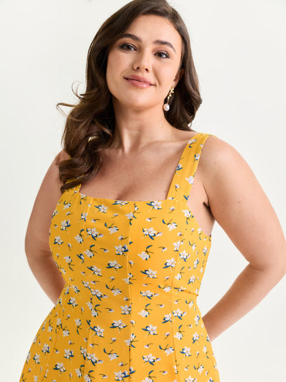 Vibrant Floral Print Waist-Defining Midi Dress