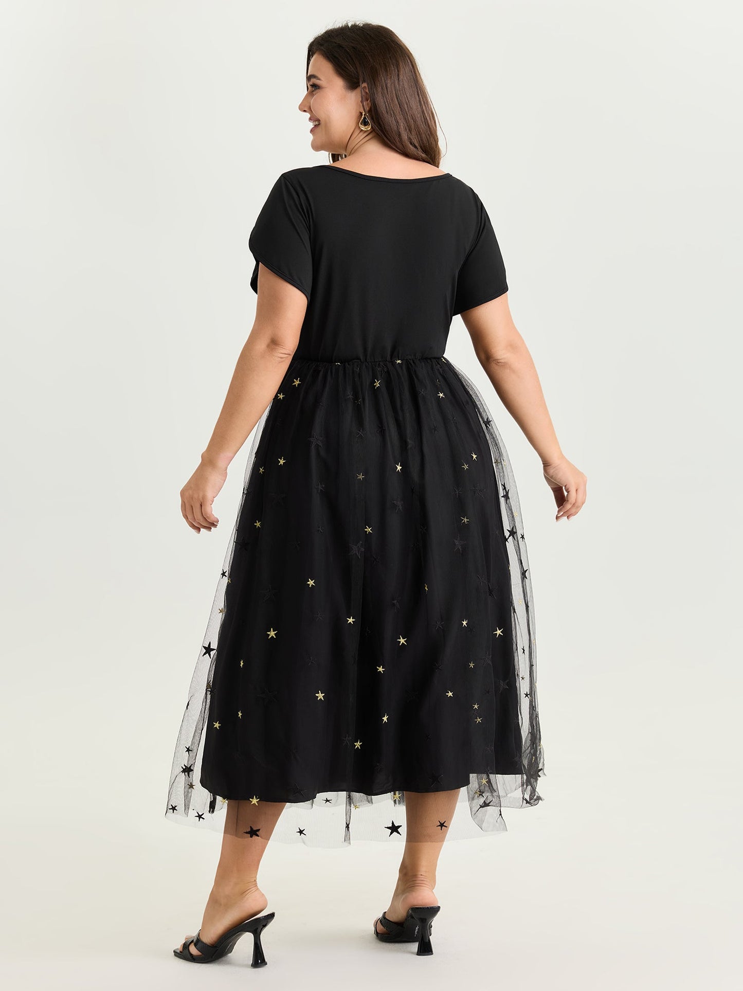 Star Embroidered Square Neckline Midi Dress