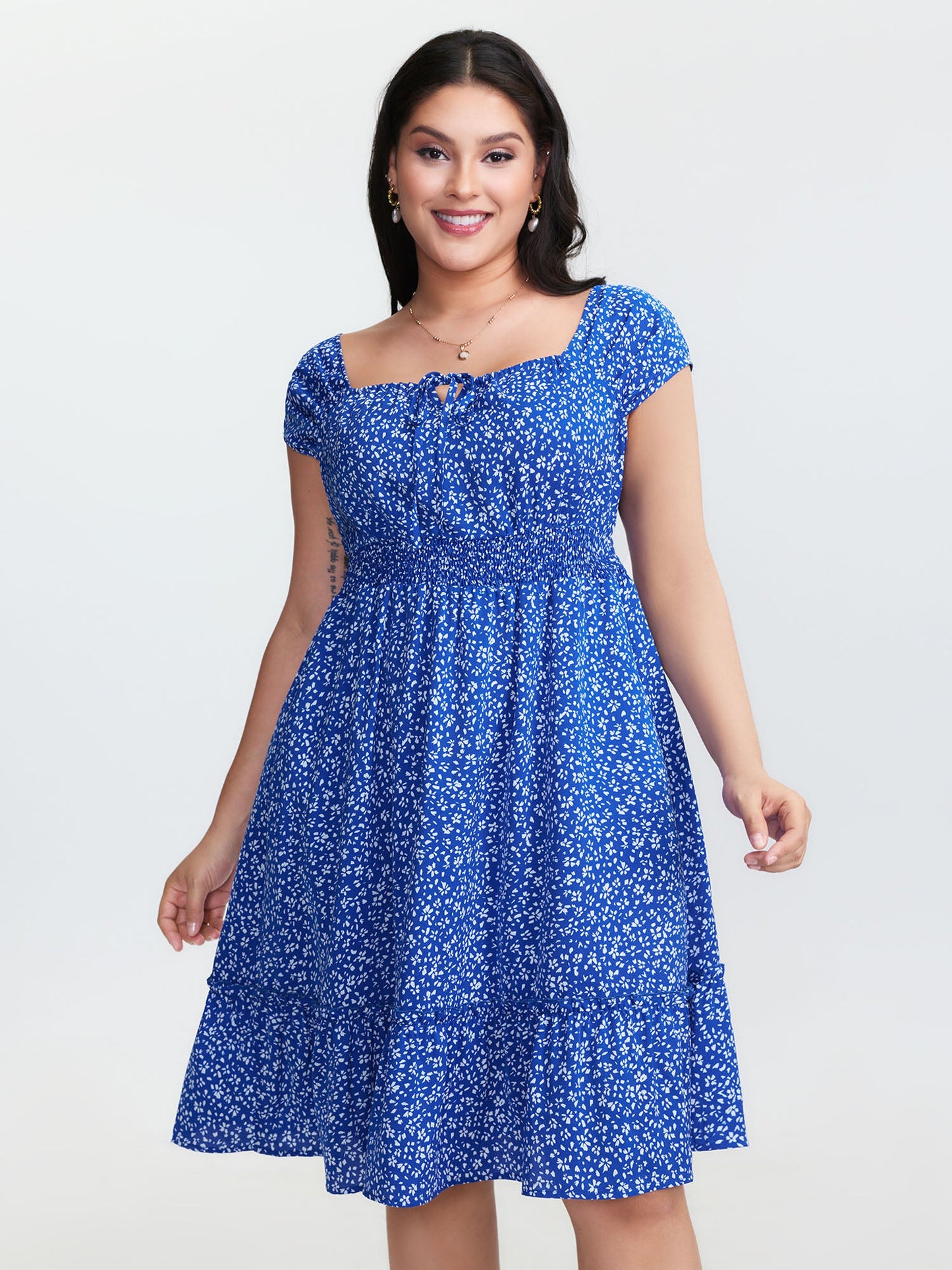 Micro Floral Print Bow-Tie Neckline Mini Dress