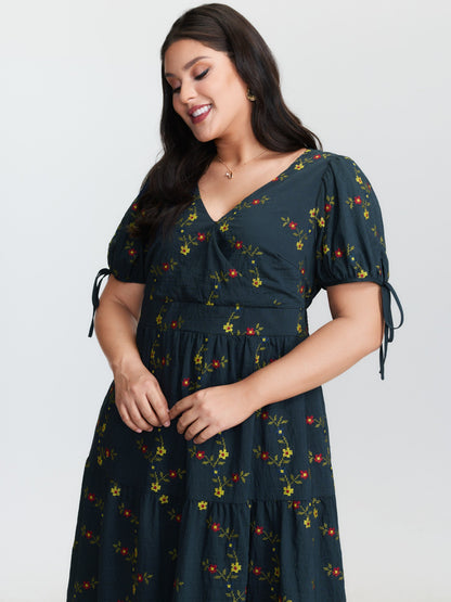 Floral Embroidered Sleeve Tie Midi Dress