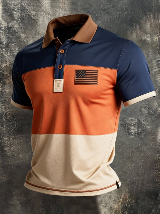 Men's Retro Patriot Color Block Polo Collar Short Sleeve