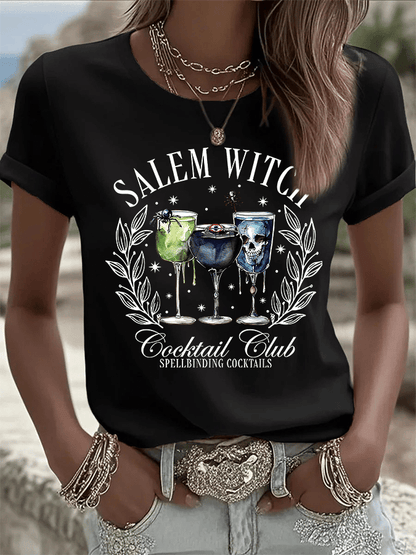 🔥HOT SALE🔥Women's Halloween Salem Witch Cocktail Club Spellbinding Cocktails Print Crew Neck T-Shirt