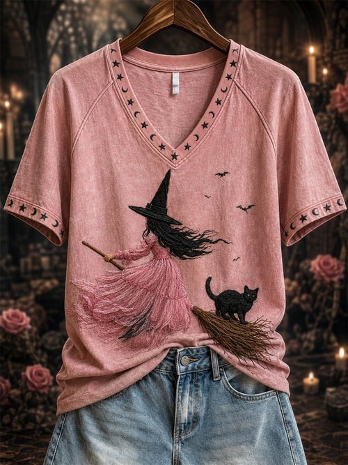 Women's Pink Witch-Themed Print Casual T-Shirt