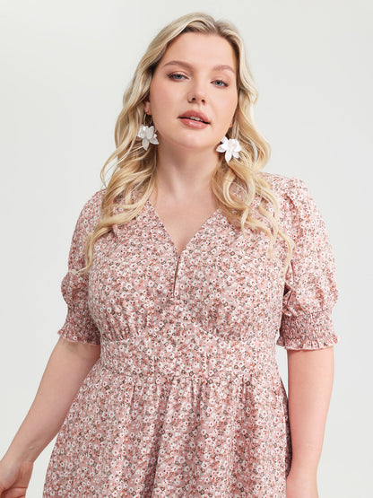 Sweet Floral Print Shirred Cuffs Pockets Midi Dress