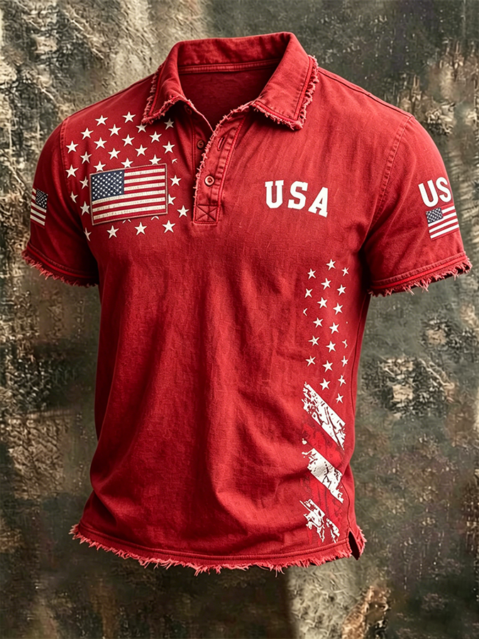 Men'S Casual American Flag Print Lapel Polo Shirt