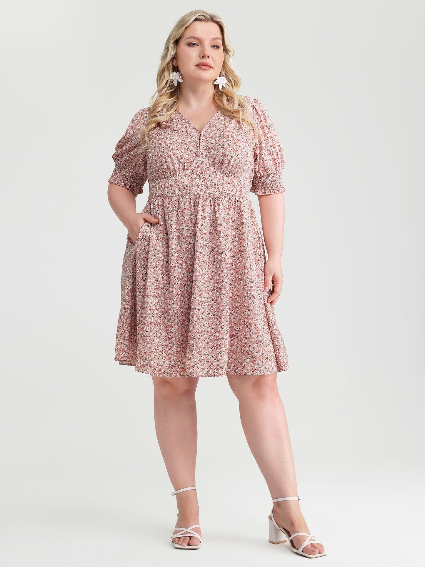 Sweet Floral Print Shirred Cuffs Pockets Midi Dress