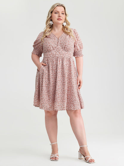 Sweet Floral Print Shirred Cuffs Pockets Midi Dress