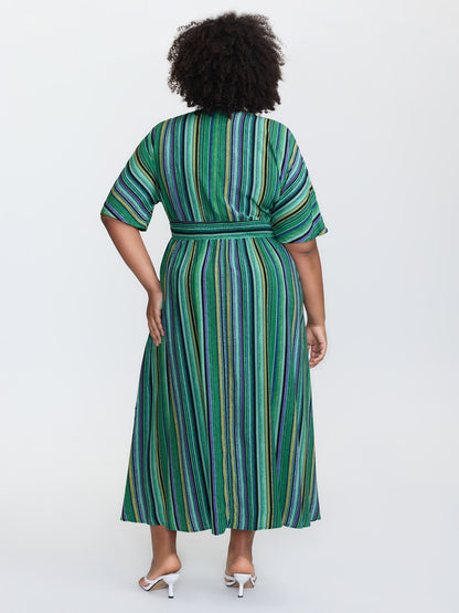Striped Contrast Dolman Sleeve Shirred Pocket Split Flutter Dress