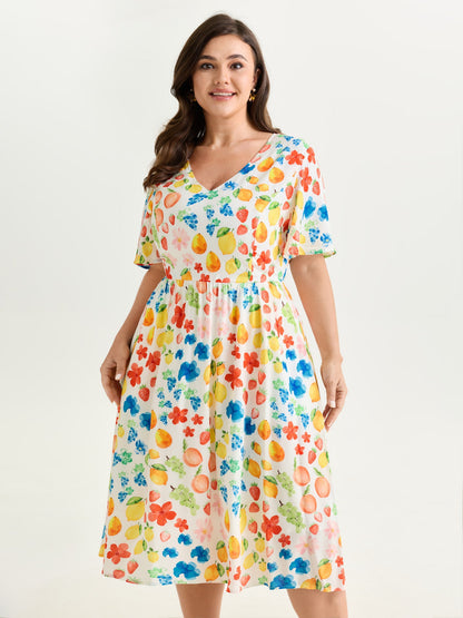 Colorful Fruit Print V-Neck Midi Dress