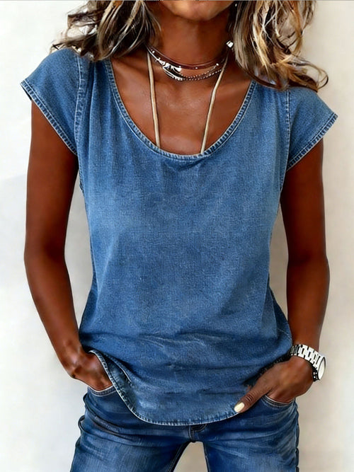 Women's Causal Short Sleeve Round-neck Denim Print T-shirt