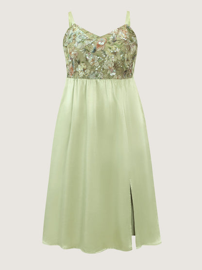 Sequin Floral Embroidered Satin Slit Hem Midi Dress