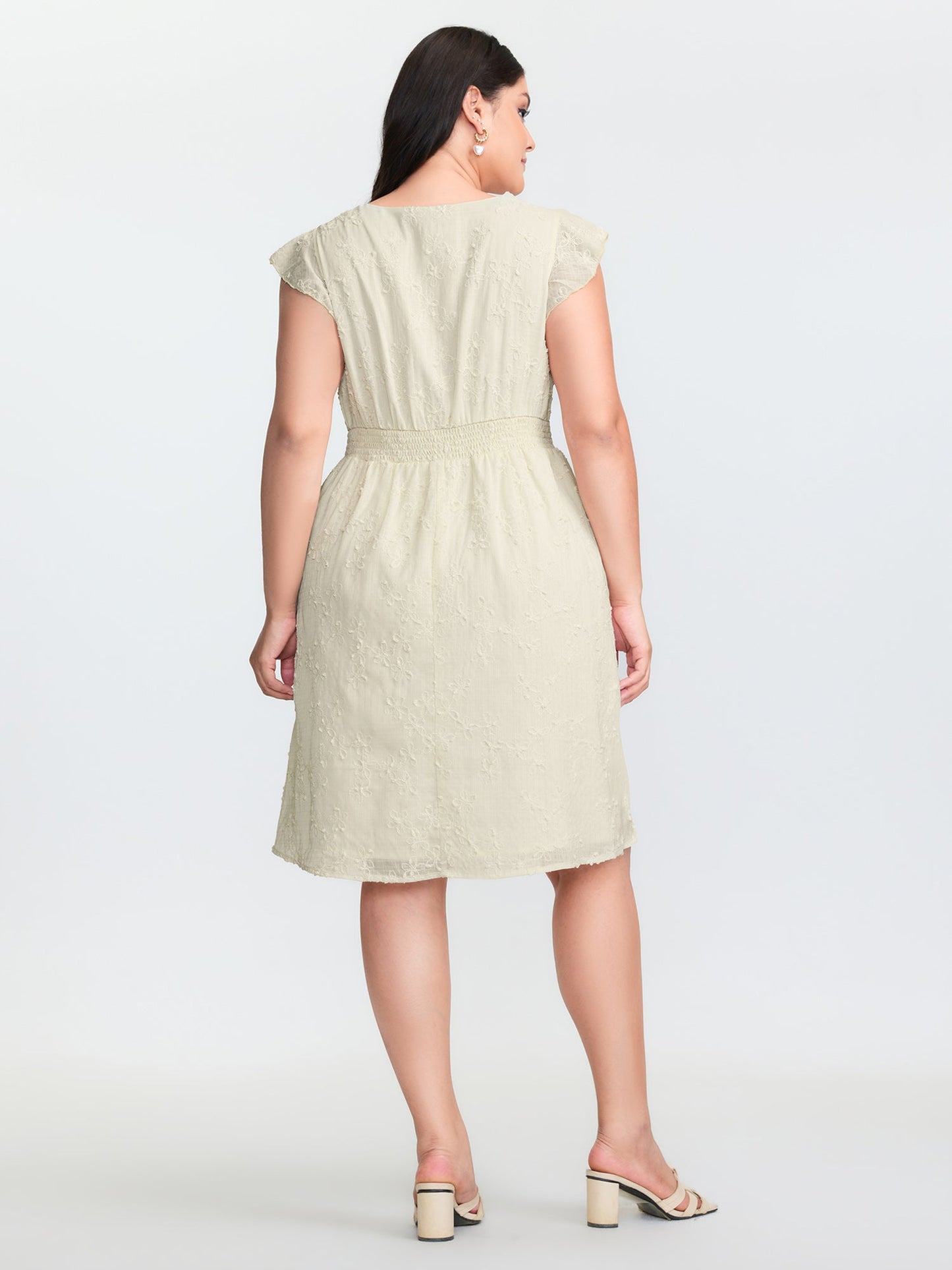Textured Lace Trim V-Neck Flutter Sleeve Mini Dress