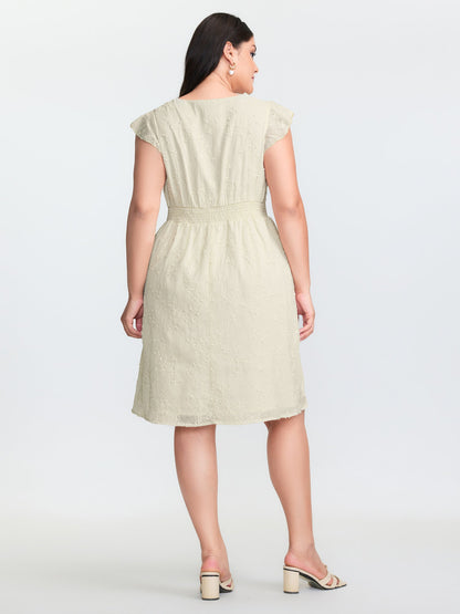 Textured Lace Trim V-Neck Flutter Sleeve Mini Dress