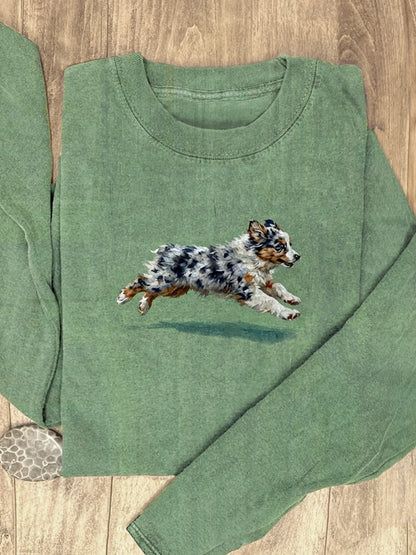 Funny Retro Cute Running Dog Art Print Casaul Cotton Long Sleeve Shirt