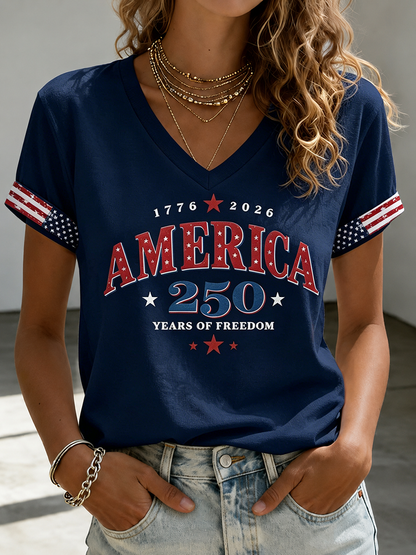 🔥Buy 3 Get 10% Off🔥Women's Casual American 250 Celebration Printed V-Neck T-Shirt