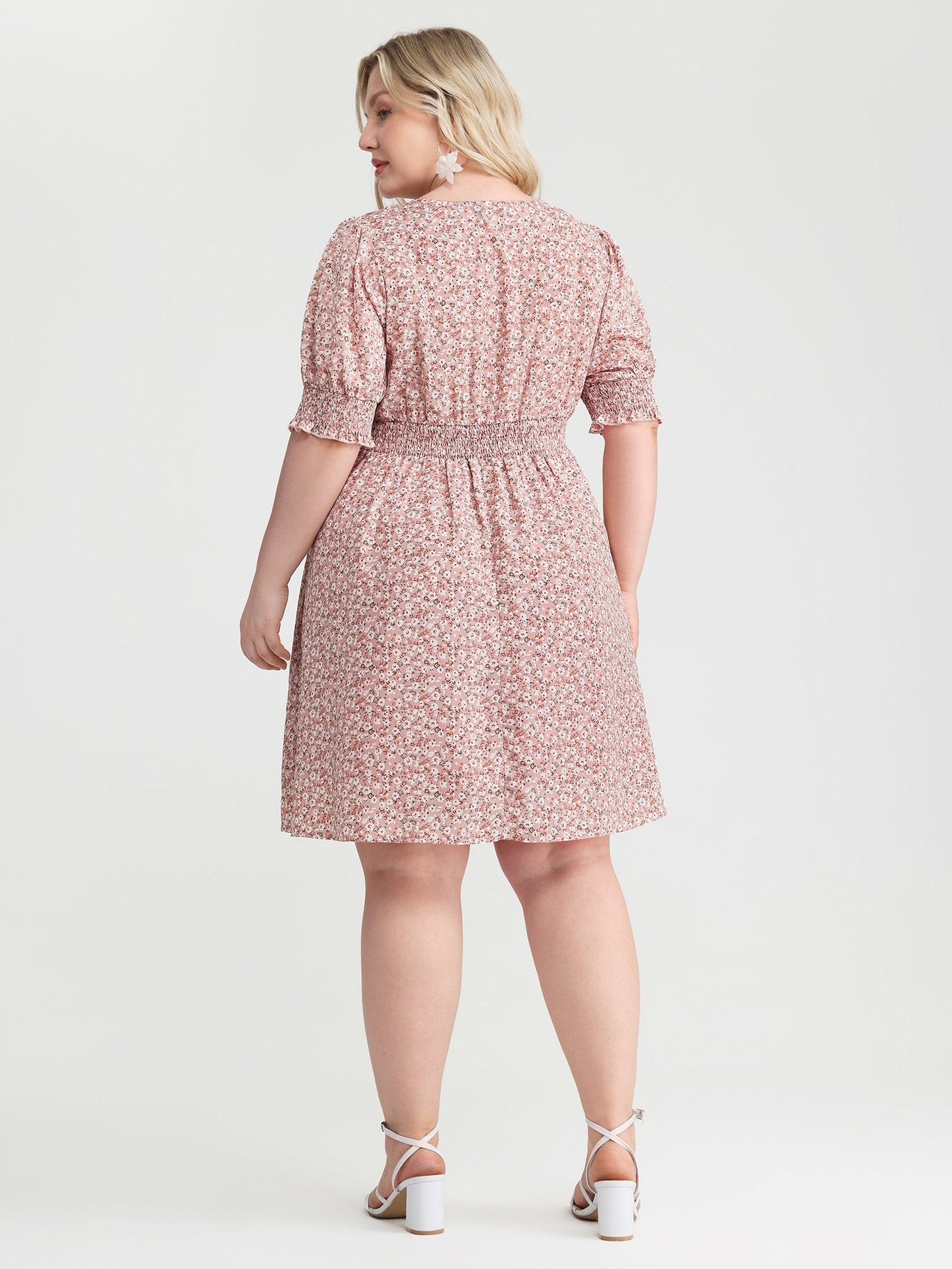 Sweet Floral Print Shirred Cuffs Pockets Midi Dress