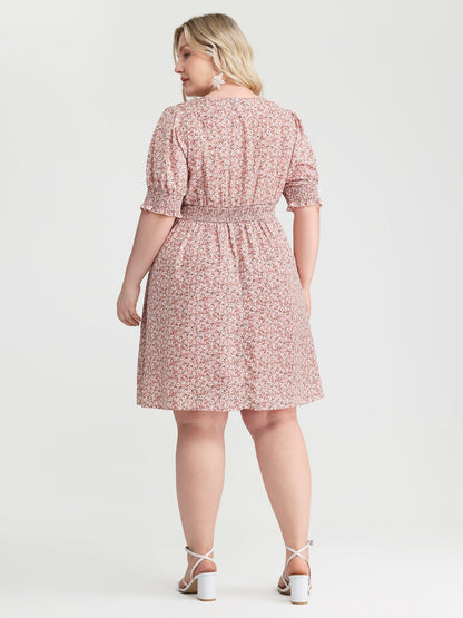 Sweet Floral Print Shirred Cuffs Pockets Midi Dress