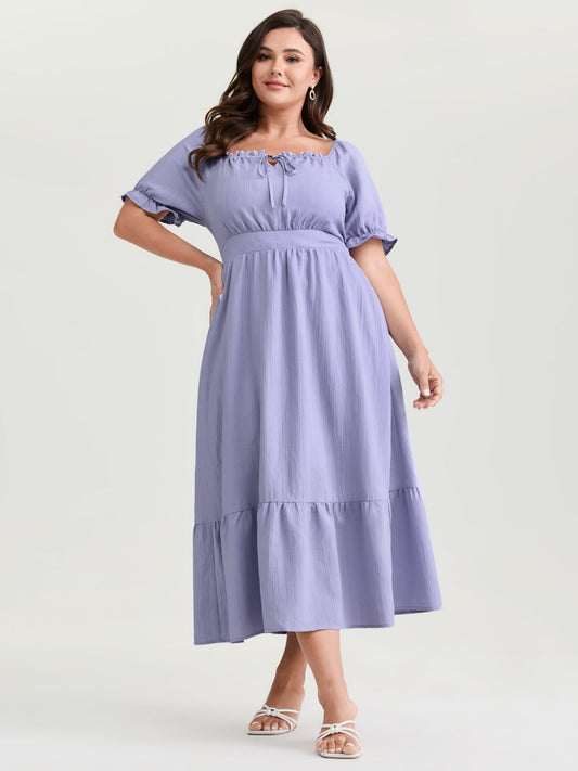 Textured Cinched-Waist Drawstring Flowy Maxi Dress