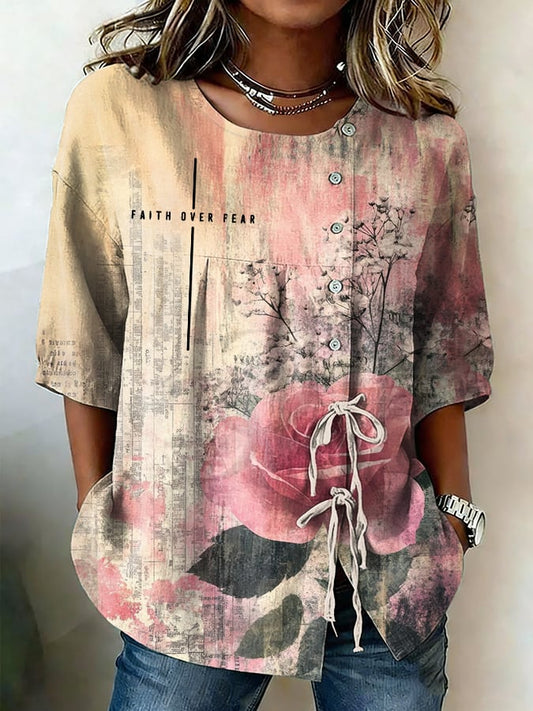 Women's Faith Over Fear Cross Floral Print Casual Shirt