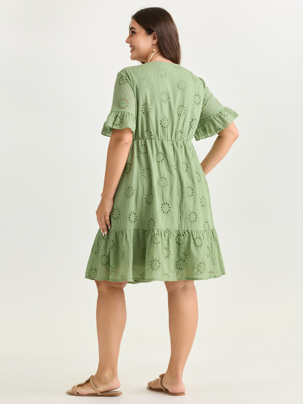 Eyelet Embroidered Ruffled Sleeve Mini Dress