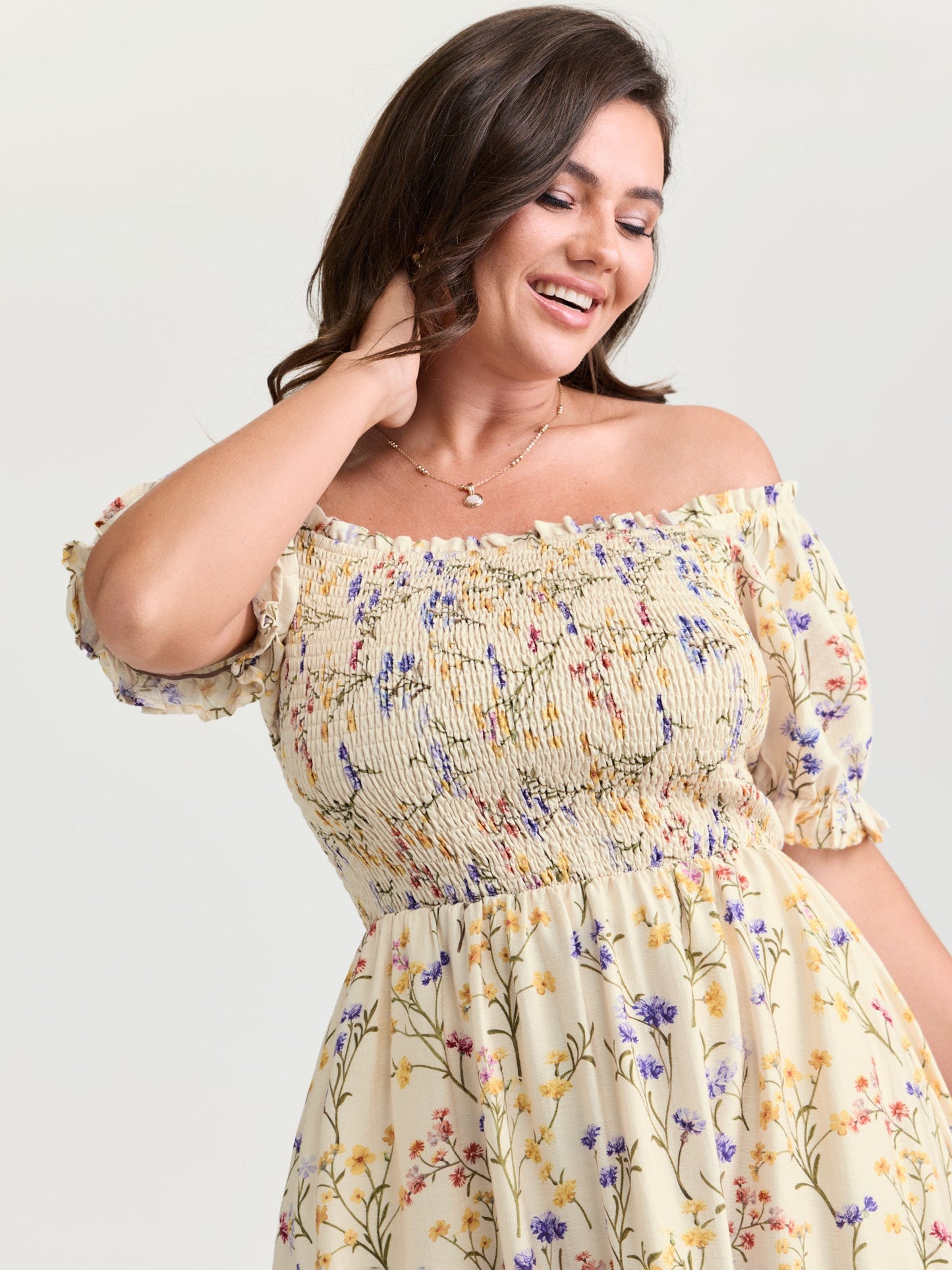 Vanilla Print Shirred Off-Shoulder Midi Dress