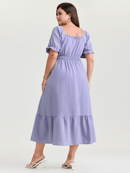 Textured Cinched-Waist Drawstring Flowy Maxi Dress