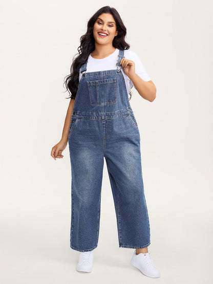 Cotton Relaxed-Fit Side Button Overall Denim Jumpsuit