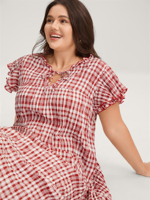 Sweet Plaid Pattern Pockets Mini Dress