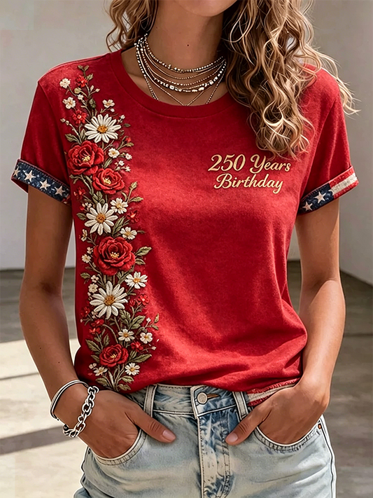 Ladies' Leisure Flowers 250Th Anniversary Celebration Of The Founding Of The United States Embroidered Printed Round Neck T-Shirt