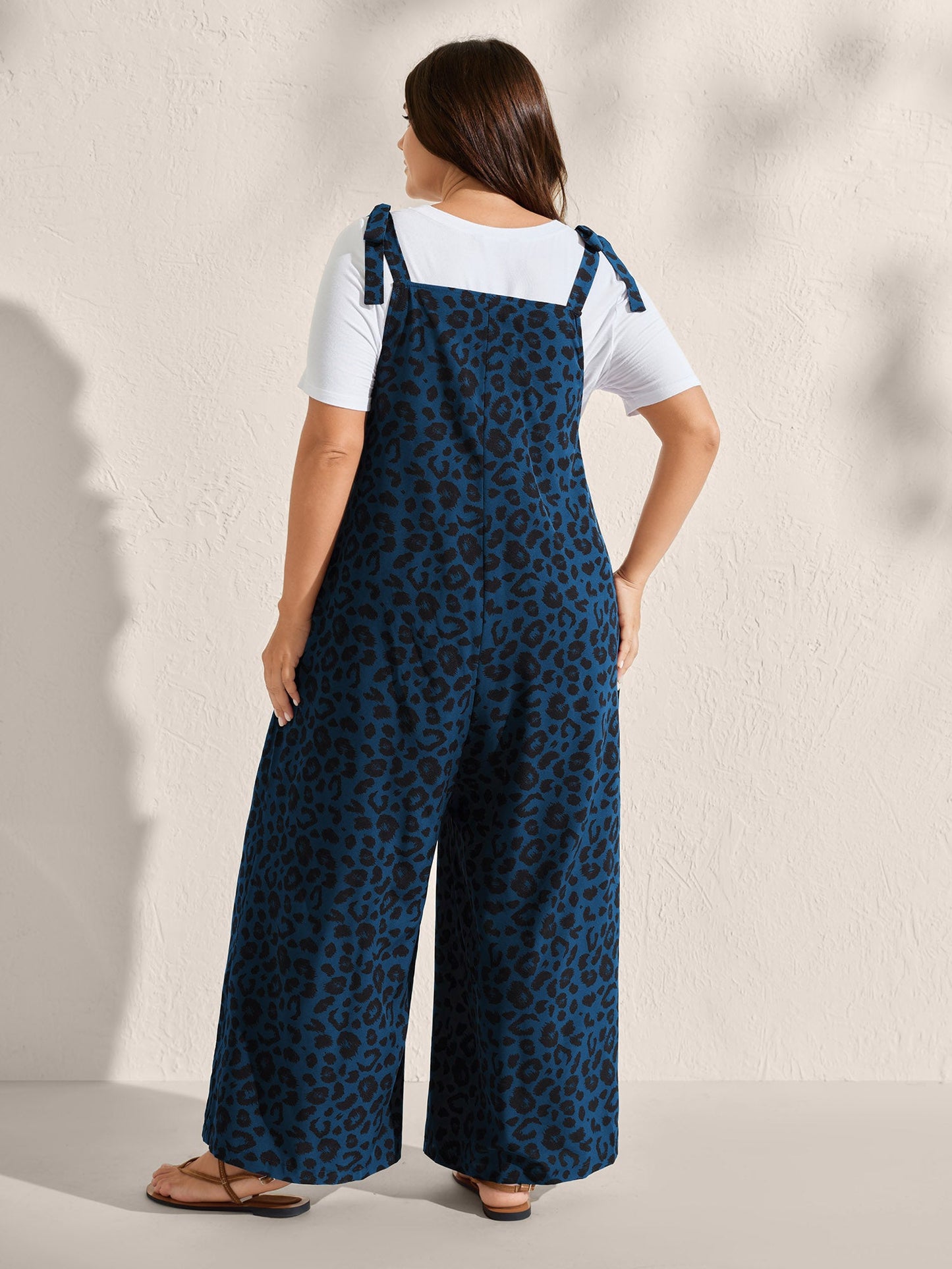 Leopard Print Pockets Shoulder Ties Jumpsuit