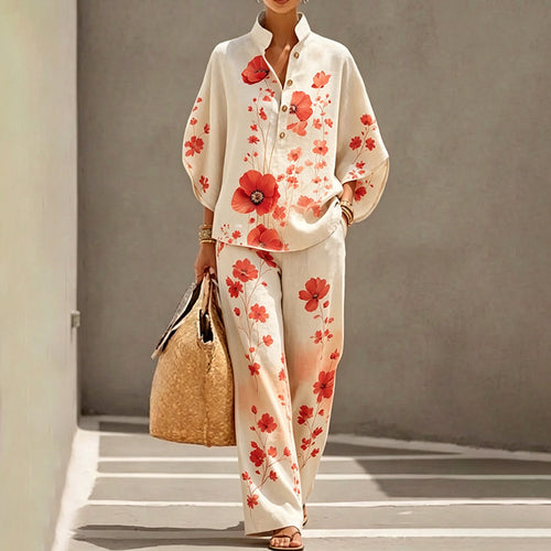 Poppy Floral Art Print Casual Linen Two-Piece Set