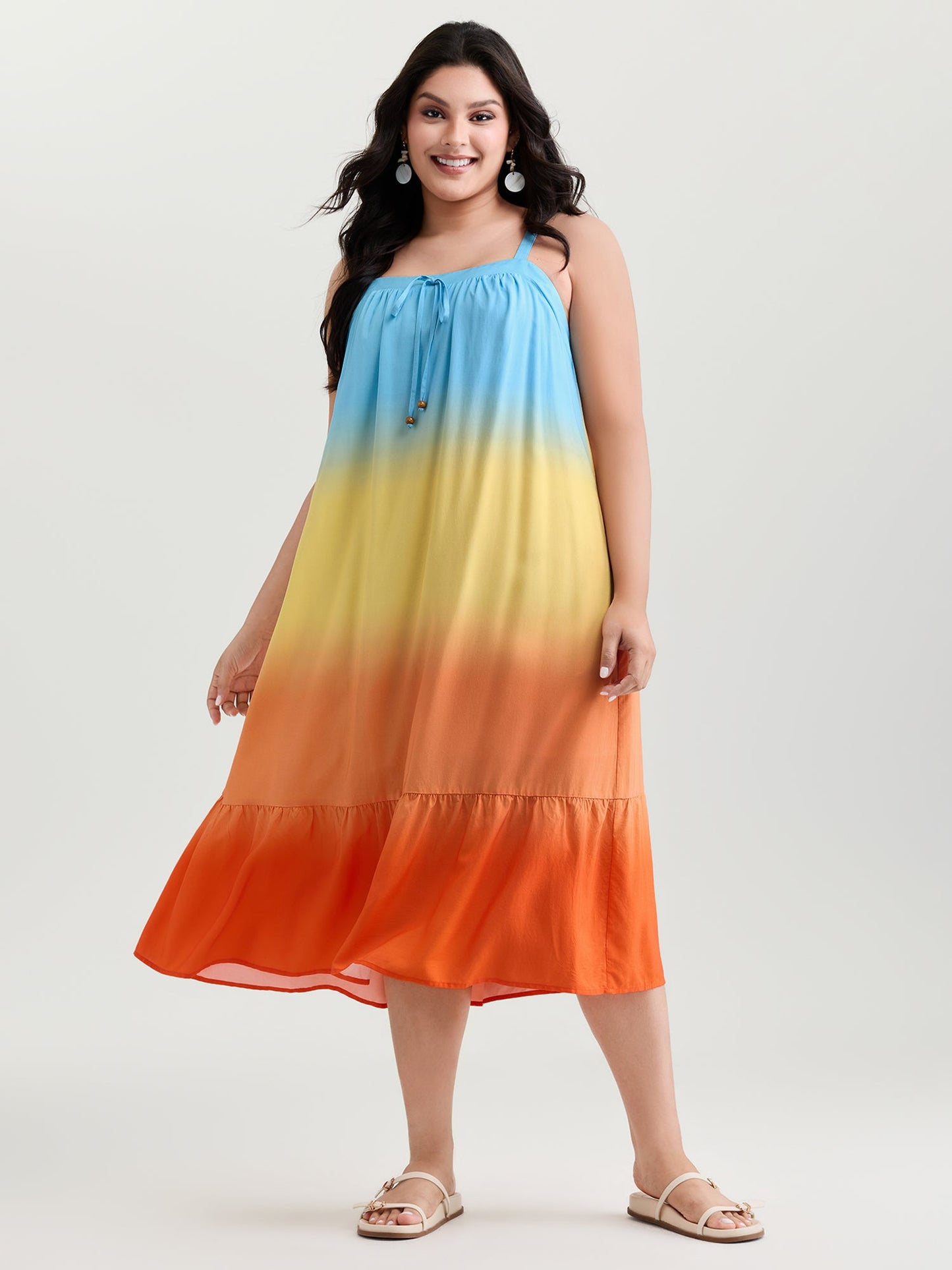Ombre Drawstring Neckline Tiered Midi Dress