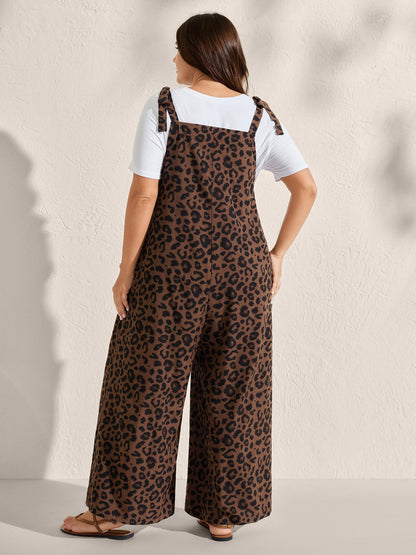 Leopard Print Pockets Shoulder Ties Jumpsuit