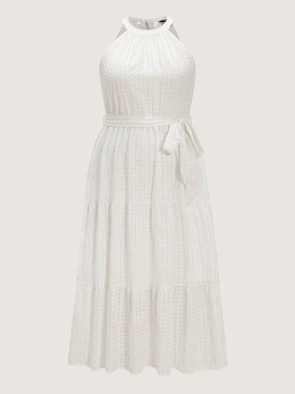 Textured Halter Neckline Tiered Midi Dress