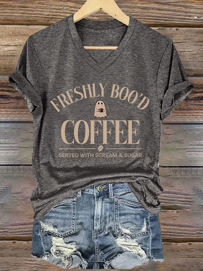 🔥HOT SALE🔥V-Neck Retro Halloween Ghost Freshly Boo'd Coffee Served With Scream & Sugar Print T-Shirt